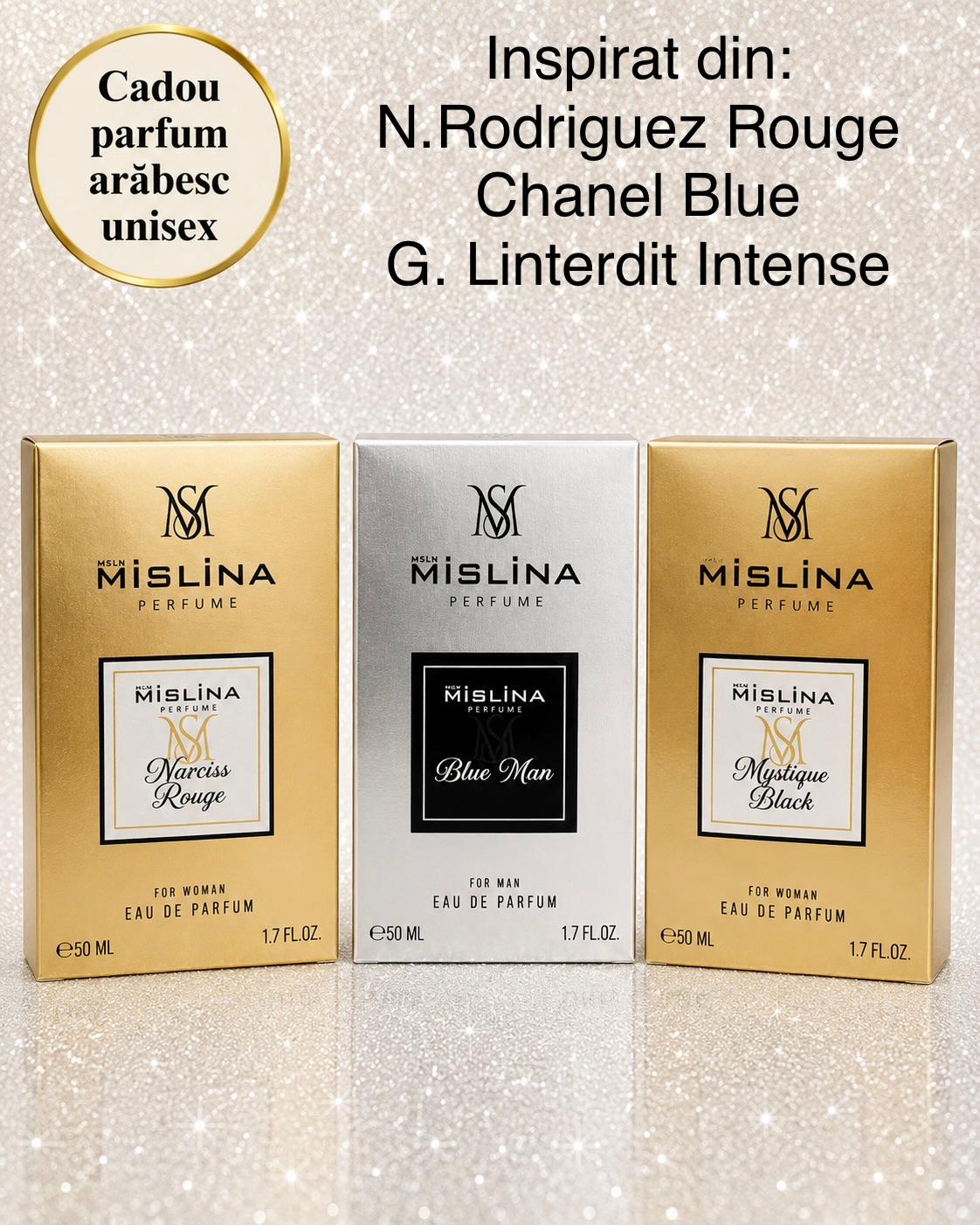 Set 3 parfumuri MISLINA 50ml Narciss Rouge-Blue Man-Mystique Black