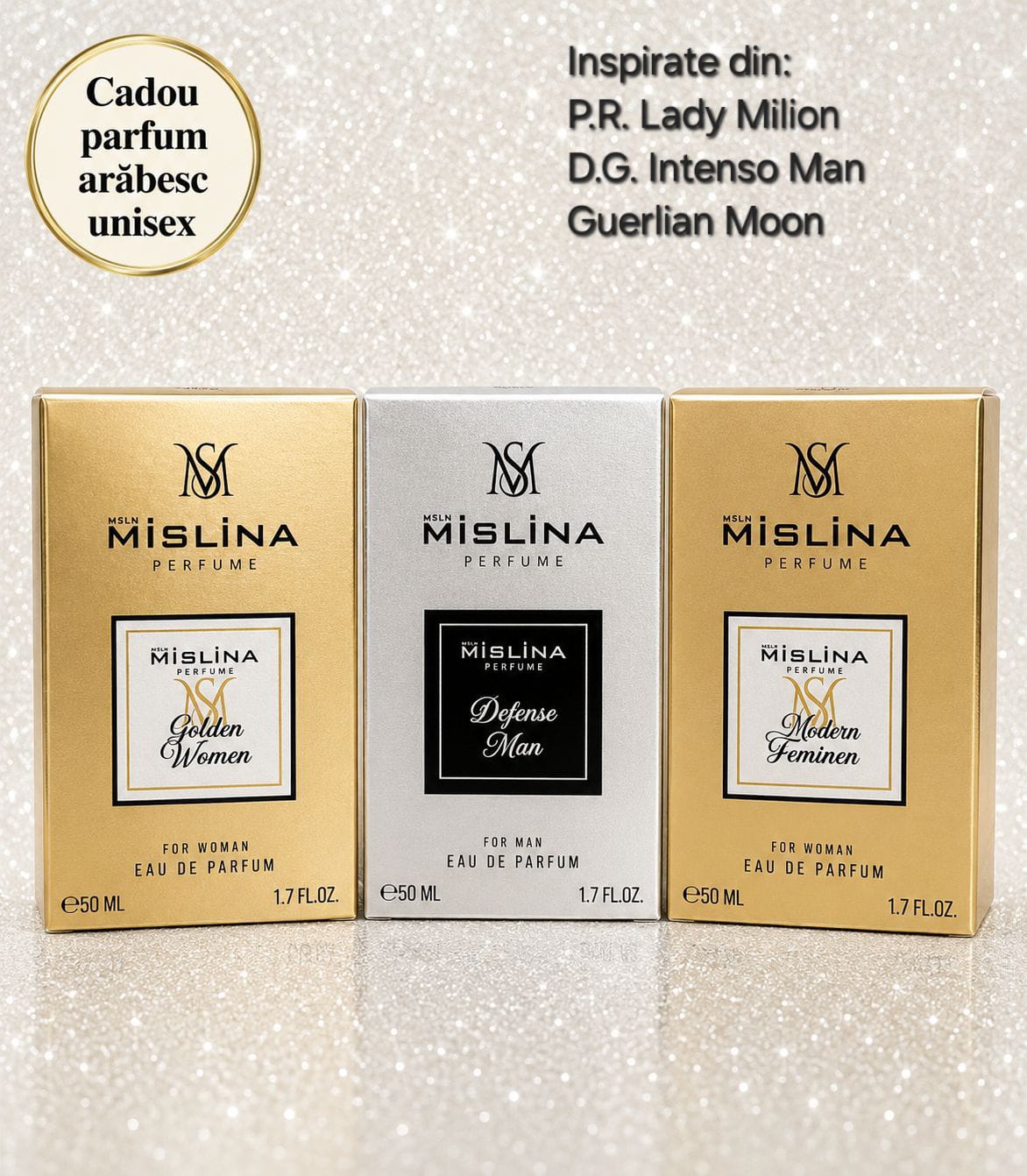Set 3 Parfumuri MISLINA 50ml Golden Woman-Dotenso Man-Modern Feminen